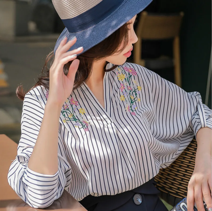Dabuwawa Осенняя полосатая блузка женская новая Повседневная рубашка с рукавом