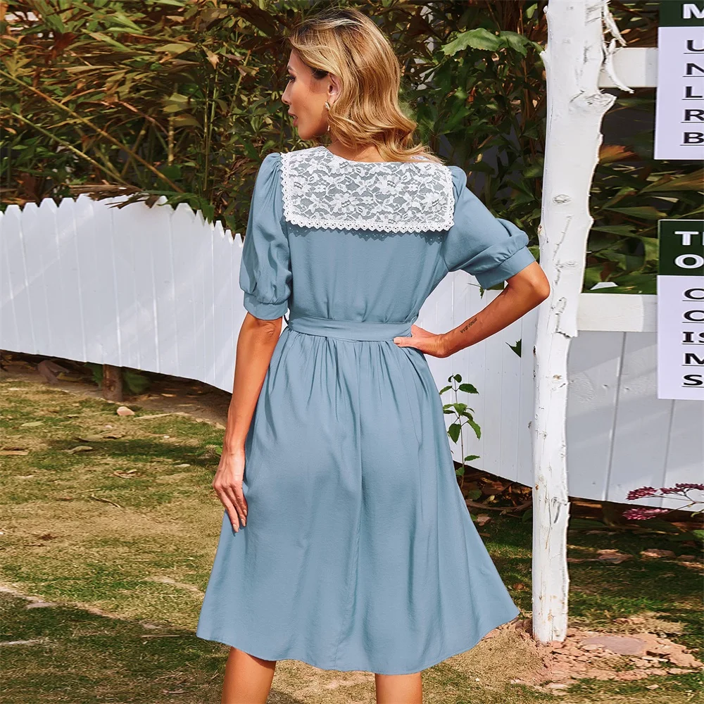 

Lace Sexy V-neck Cotton Women Summer Dress Elegant Buttons Puff Sleeve Female Solid Sundress Office Work Ladies Midi Dresses
