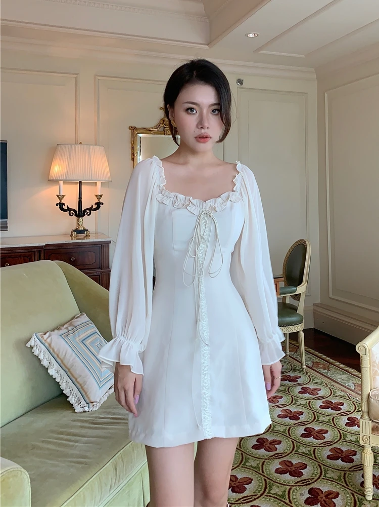 

OOTD French Off The Shoulder White Elegant Dress 2021 Summer Women Bandage Retro Party Mini Dress Women Clothing