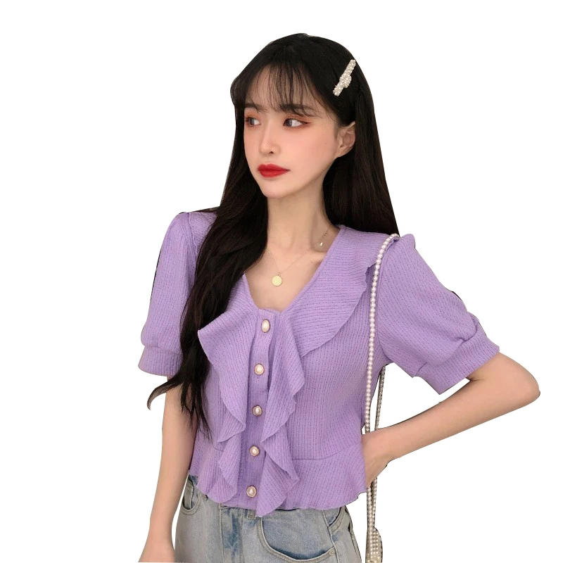 

Blusas Mujer De Moda Ruffles Knitted Sweet Style Crop Top Fashion Brand V-neck Women's Clothing Purple Blouses Summer Shirts New