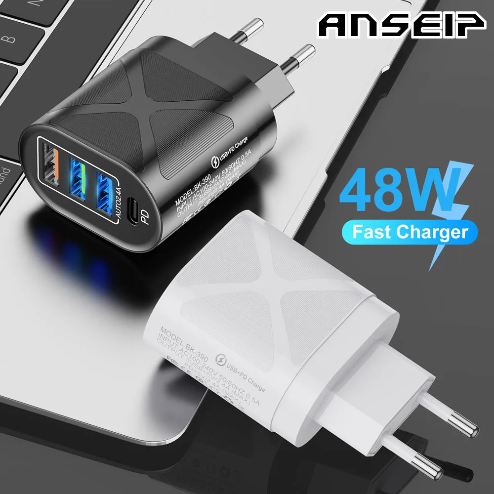 

ANSEIP USB Quick Charge 4.0 3.0 QC Charger adapter 48W USB Type C Fast Charger plug for iPhone 11 12 Xiaomi huawei Phone Charger