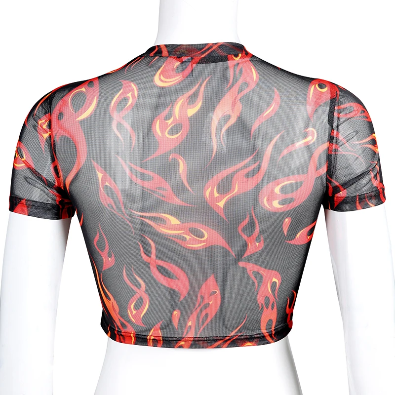 

Women Mesh Sheer See-through Short Sleeve Crop Tops Tee Short Sleeve O Neck Printed T Shirt