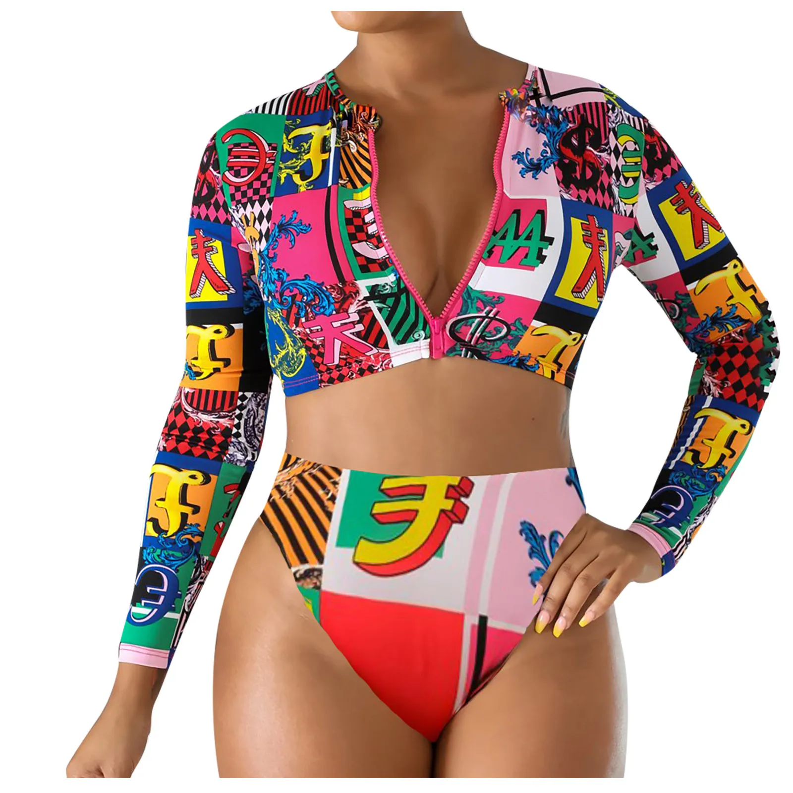 Пляжная одежда больших размеров для женщин - сексуальный бикини "Бохемский стиль" с молнией на груди, V-образным вырезом и кружевным галстуком. Набор из двух частей купальника с высоким разрезом.