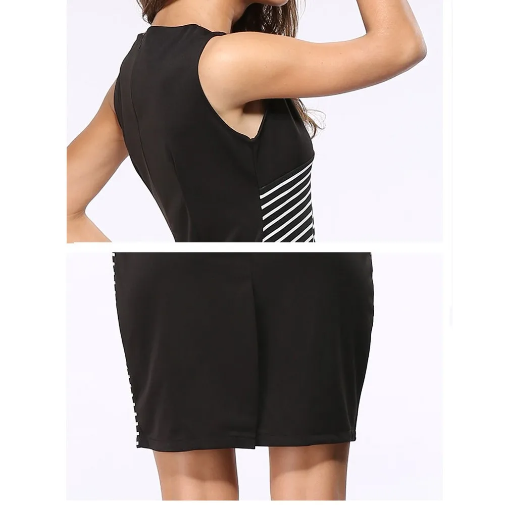 Летнее женское платье для работы с v образным вырезом черно белое Полосатое