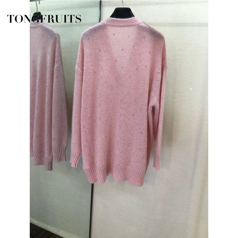 Шерстяной розовый женский кардиган мохеровая куртка осень зима v-образный Вырез