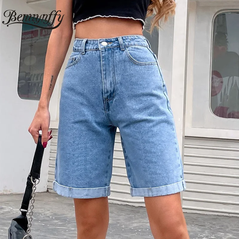 Женские джинсовые шорты Benuynffy летние бермуды с завышенной талией прямые из