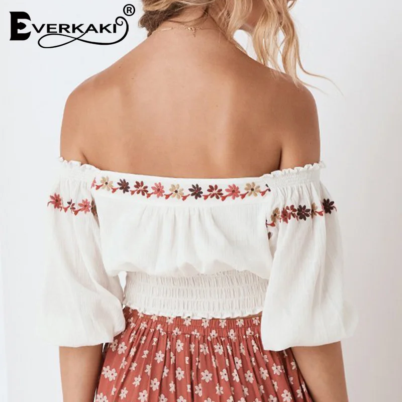 Everkaki Boho Цветочная женская блузка с вышивкой короткие топы открытыми плечами на