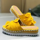 Женские шлепанцы на танкетке, пляжные шлепанцы на среднем каблуке с бантом и открытым носком, для улицы, лето 2022