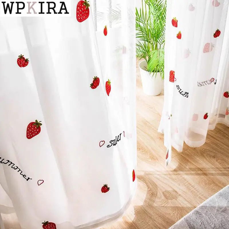 

Sweet Strawberry Sheer Curtain for Girls Baby Room Embroidery Mesh Voile Drape Living Room Partition Window 231#E