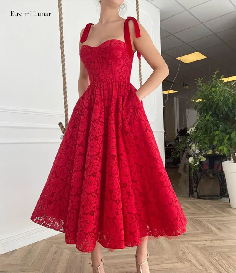 

Prom Dresses Spaghetti Strap Lace A-Line Tea Length Party Dress Graduation Cocktail Party Dresses Women Evening Dress BL4206