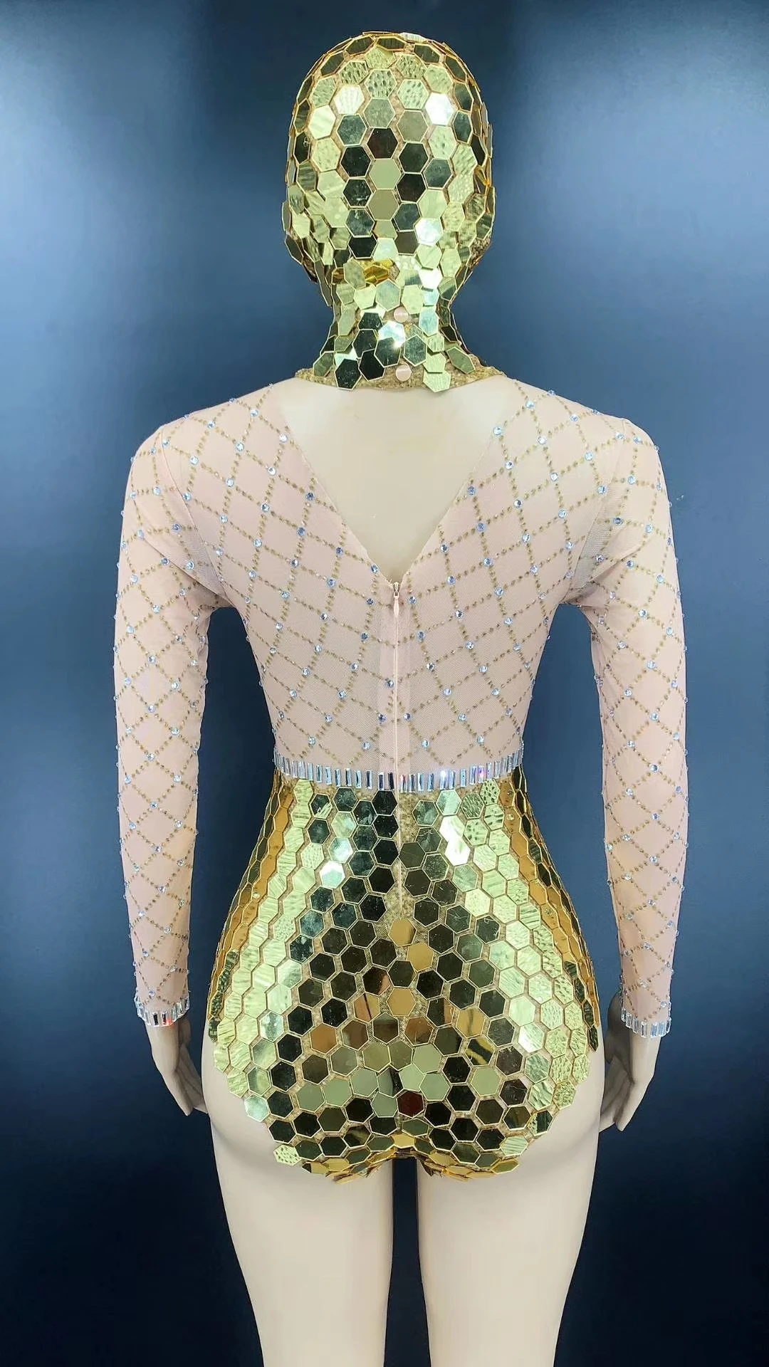 IFox Gold Sequined Beading Mesh See Through Jumpsuit for Women 2020 Fashion O Neck Long Sleeve Slim Women Stage Costume