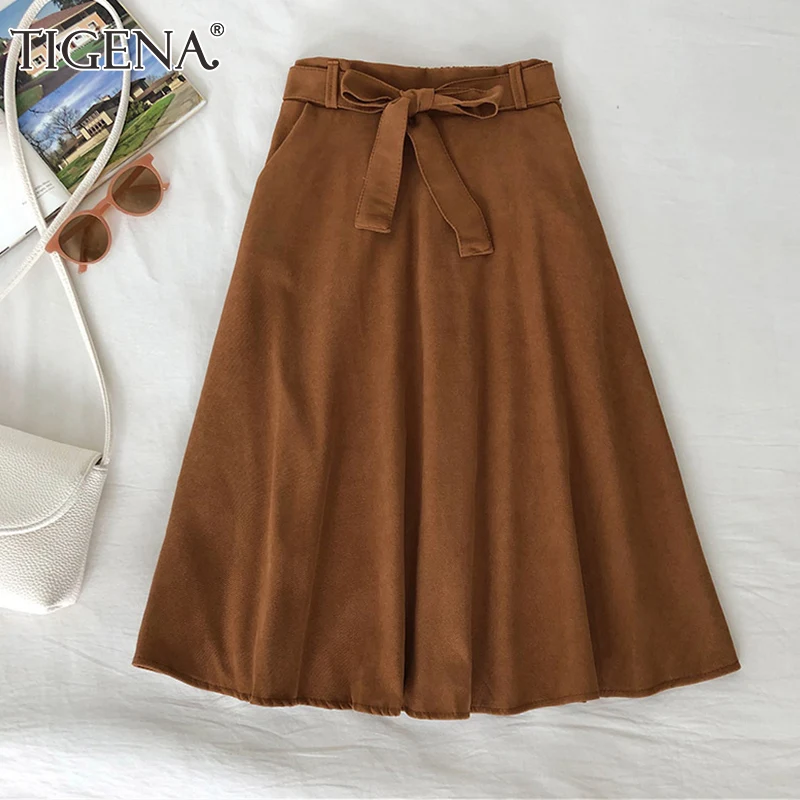 Женская трапециевидная юбка миди с ремнем TIGENA повседневная высокой талией для