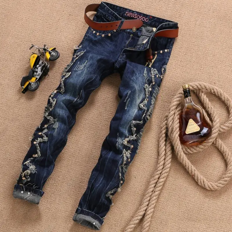 

New Men's Fashion Casual Jeans Vintage Denim Long Pants Motorcycle Wrinkle Multi-pocket Trousers