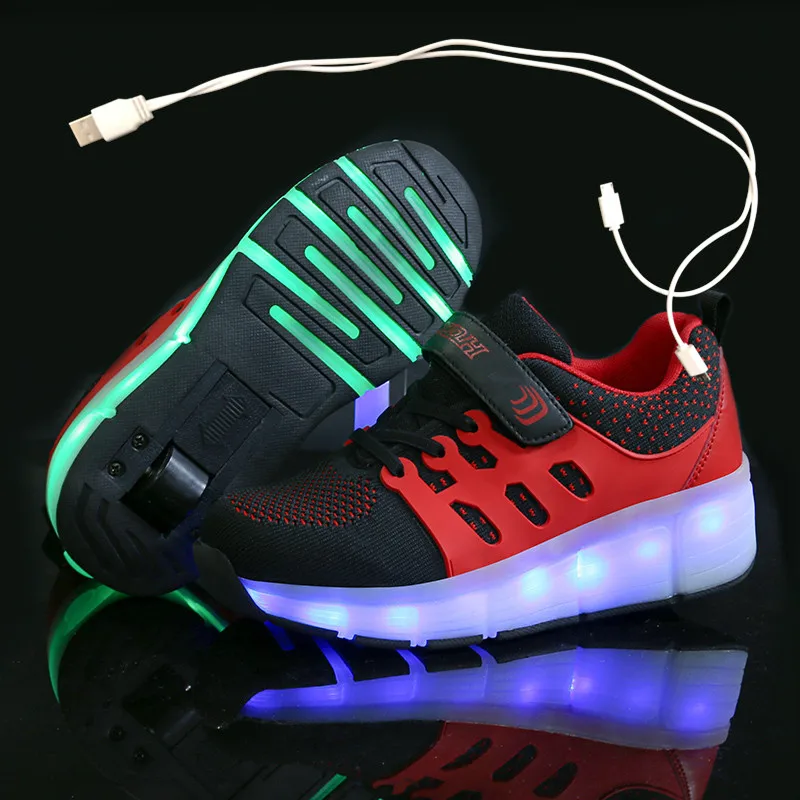 Детские светящиеся кроссовки с двумя колесами Цвет золотой розовый светодиодный