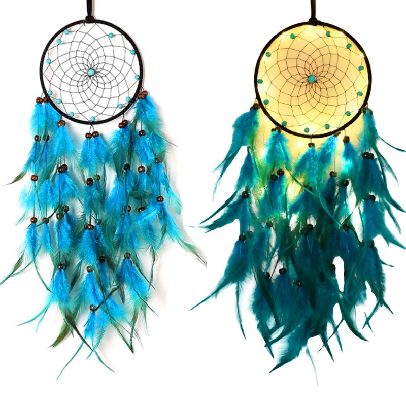 

50LB Blue Feather Dream Catcher with LED Lights Handmade Wall Hanging Pendant Decor