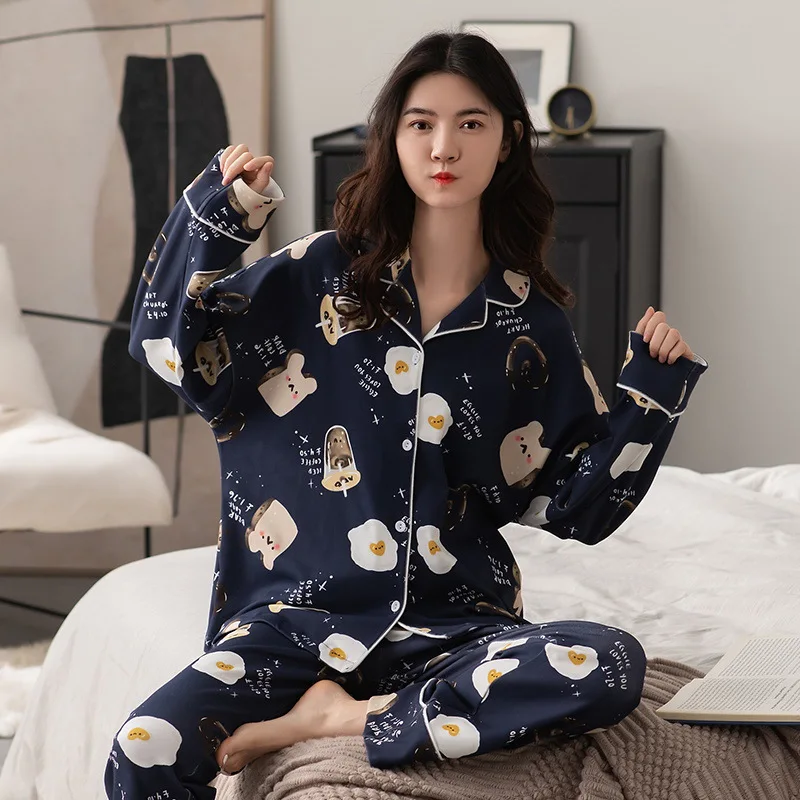 Spring and Autumn New Pajamas Women's Cardigan Long Sleeve Knitted Cotton Korean Women's Fattening and Loose Fitting Home Suit