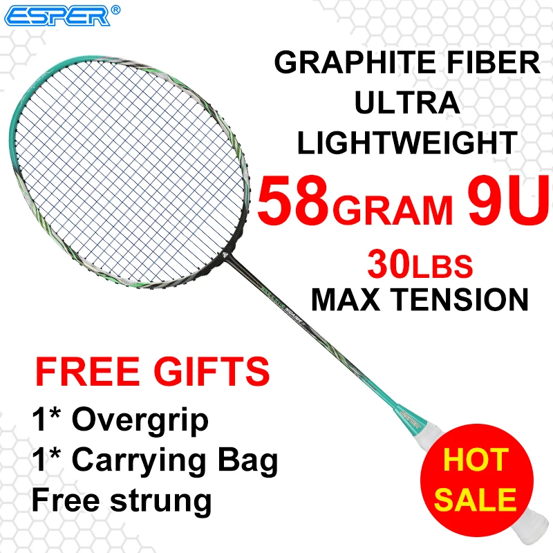 

Esper профессиональная ракетка для бадминтона 58 грамм 9U, Ультралегкая, из углеродного волокна, высококачественная, графит, с настилочным чехл...