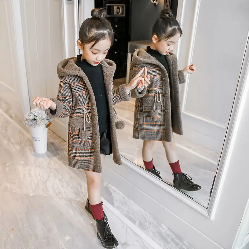 

Girls Jackets Autumn Winter Fashion Clothes Long Models Girls Plaid Thickened Warm Fashion Design Children's Woolen Cloth Coats