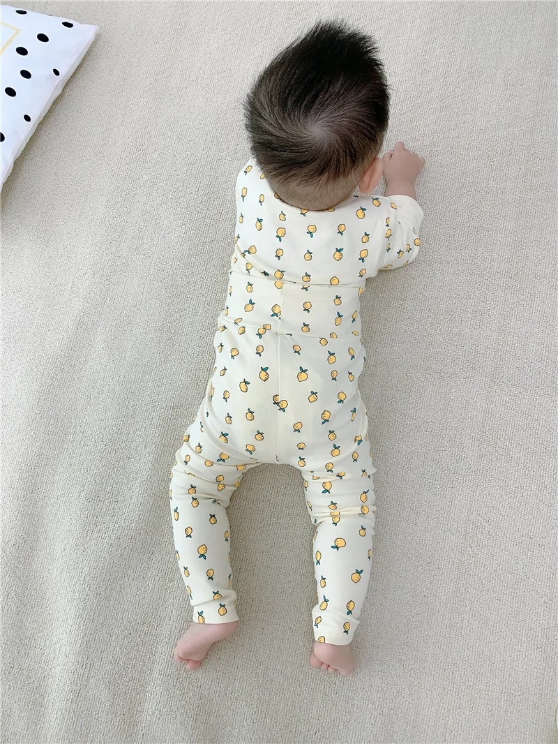 

2021 New Spring Baby Boys Girls Home Clothes Set Lemon Print Bottoming Shirt + High Waist Pants Children Casual 2 Piece Suit