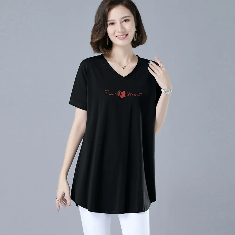 

Размер M-4XL Новый Женщины Футболка Летом 2021 г. Повседневная мода V-образный вырез Короткий рукав Письмо Печать Свободные хлопковые футболки