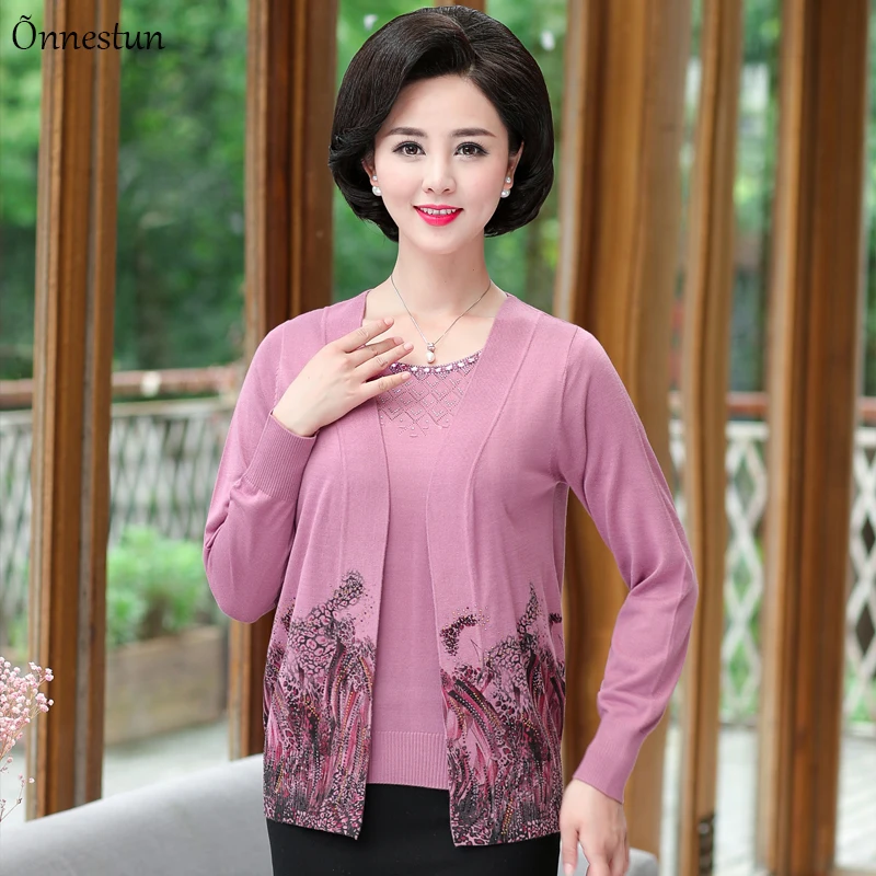 

Real Two Pieces Sets Sweater Women Autumn Long Sleeve Mother Sweater Set Shirt + Cardigan Plus Size Print Sweater For Women