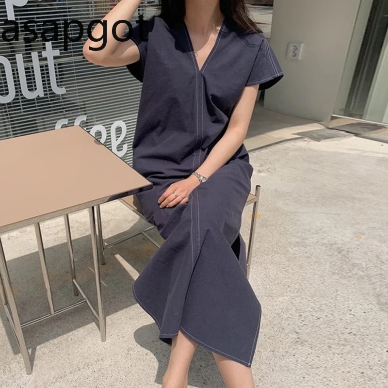 Корейское шикарное винтажное платье в минималистском стиле с V-образным вырезом