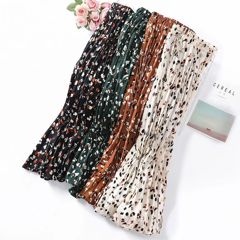 

2021 spring and summer skirt women's mid length high waist skirt A-line skirt fresh long skirt slim floral pleated skirt