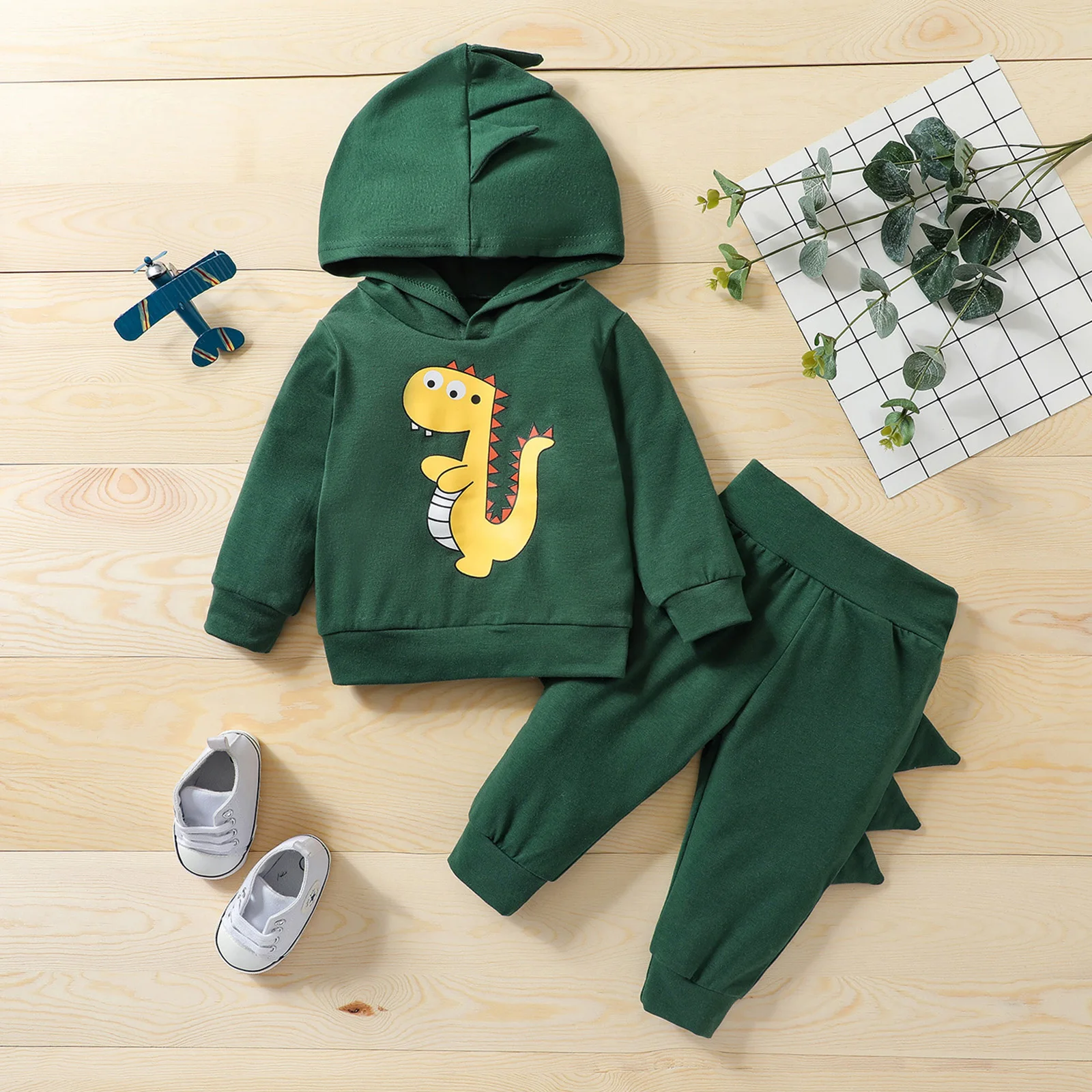 

2Pcs Baby's Sets Long Sleeve Dinosaur Print Hoodie Pullover Solid Elastic Belt Pants Toddler Girls Boys Spring Autumn Clothing
