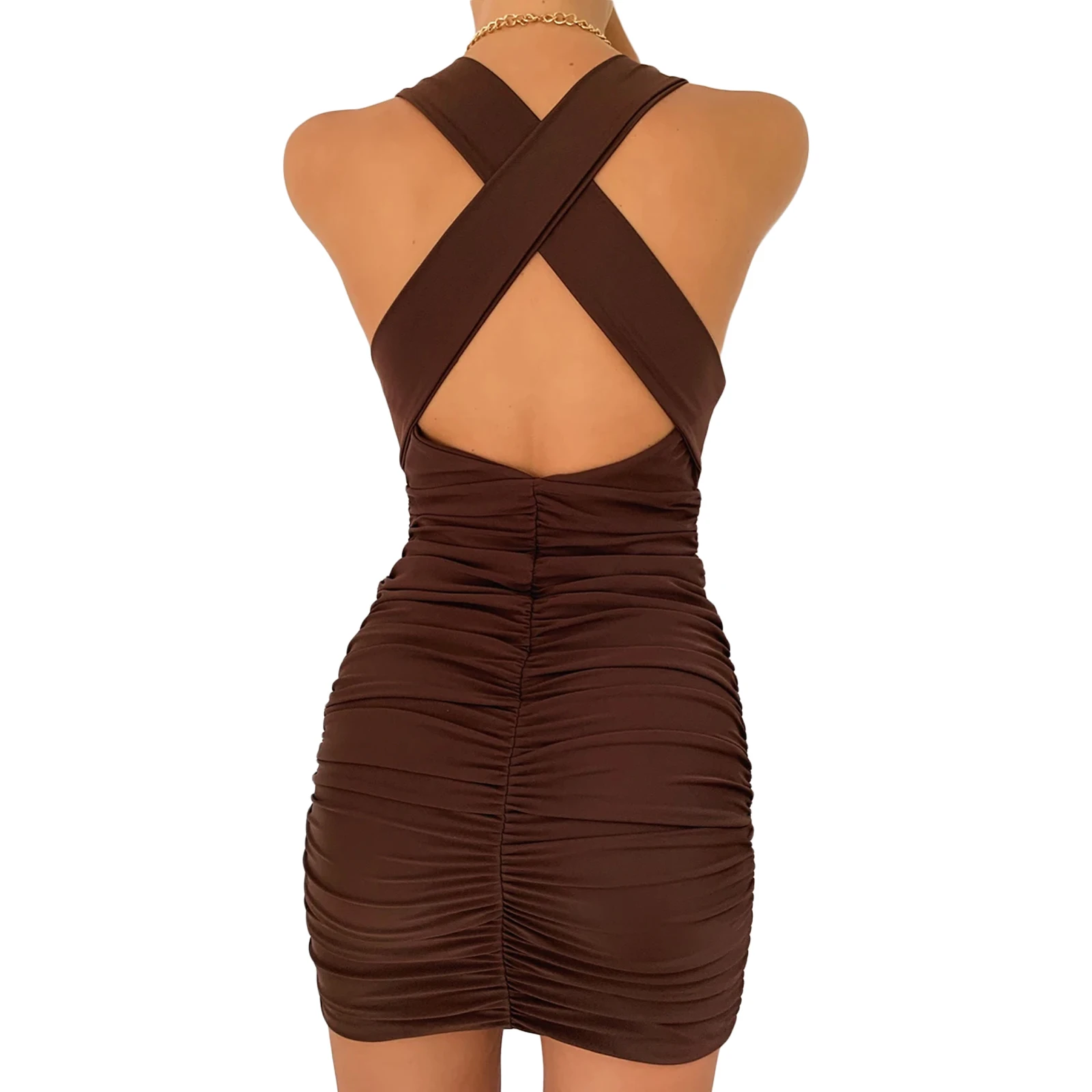 

Womens Summer Bodycon Sexy Halter Short Dress Fashion Solid Color/Stripe Pleated Slim Fit Dress Club Mini Backless Dresses