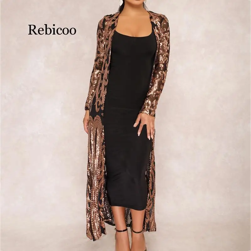 

brown long coat thin Women Sequin Coat Long Sleeve Autumn See-Through Outwear Sexy High Quality Ladies Mesh Long Cardigan
