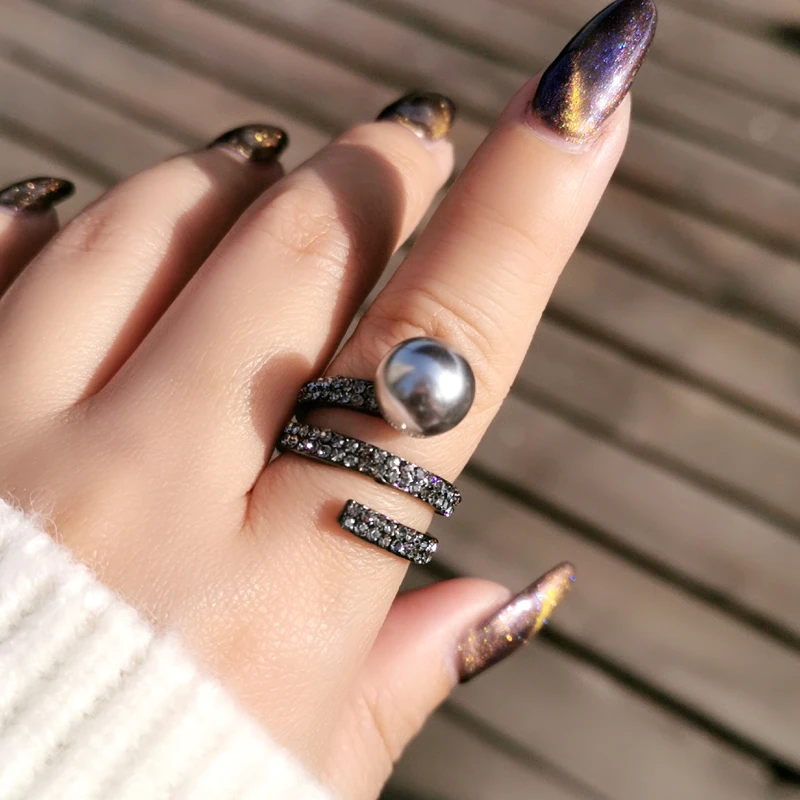 Женское кольцо с искусственным серым жемчугом LEEKER черное в стиле ретро 12 мм 558