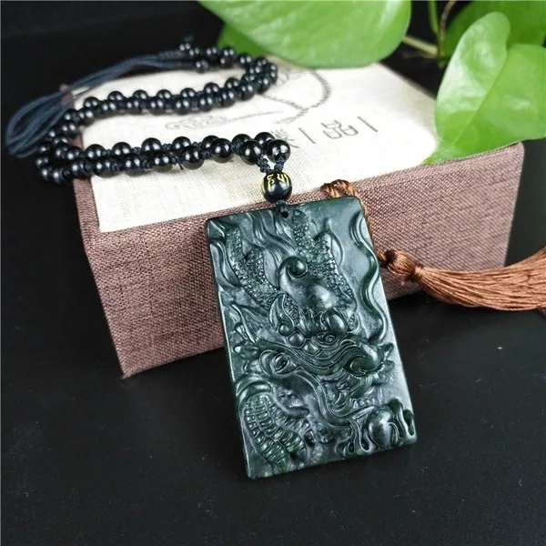 Сертифицированный китайский натуральный черный зеленый Нефритовый дракон кулон