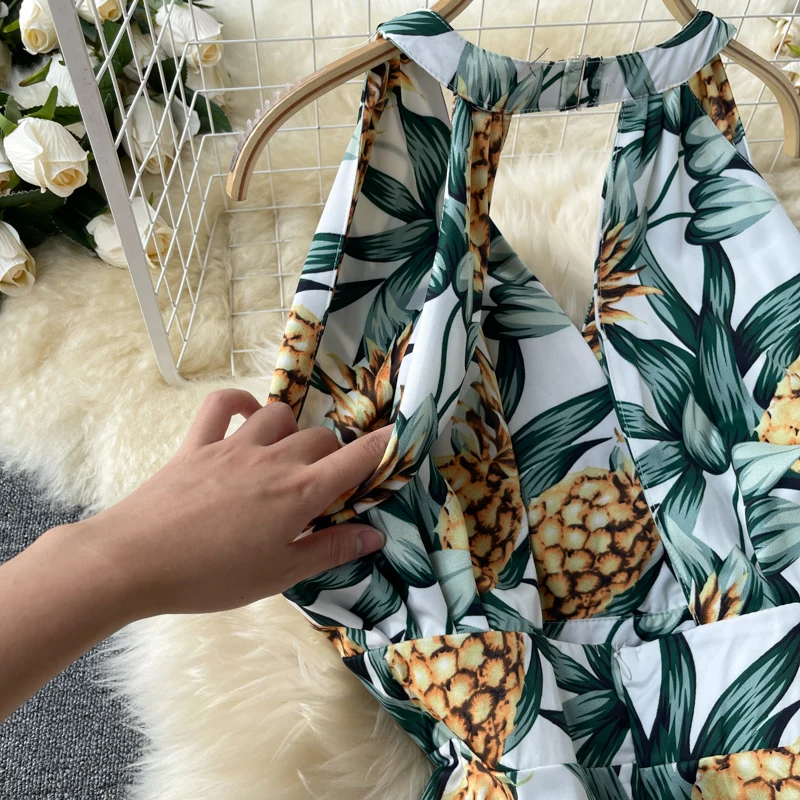 

New Fashion Sexy Deep V Neck Boho Pineapple Print Elegant Backless Beach Maxi Dress Women A-Line Vintage Plus Size Party Wear