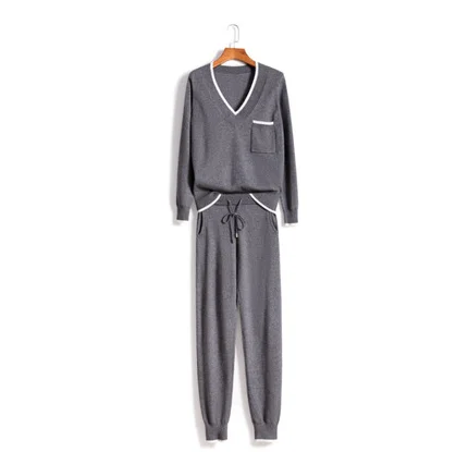 Серый Time-limited Full Wool New Cashmere Suit Fashion Color Matching V-neck Sweater And Feet Pants Warm Two Piece Set Apricot - Цвет: Серый