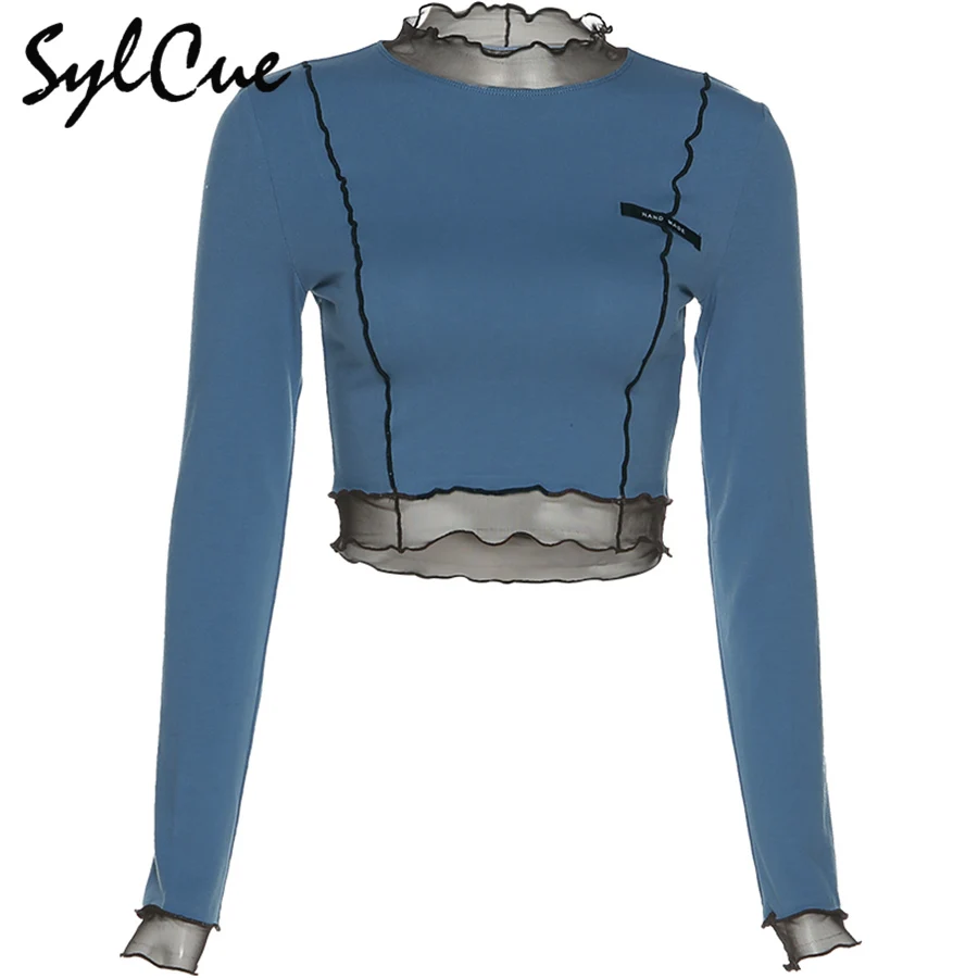 

Sylcue Autumn new blue tight long sleeve T-shirt black lace base shirt sexy fashion crop top female slim wild casual clothing