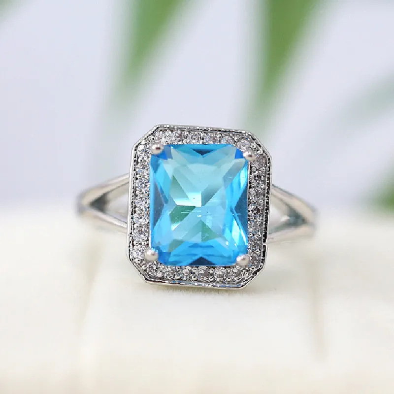 Кольцо с голубым топазом 18 к позолоченное кольцо Купера подарочное VS 8*10 мм