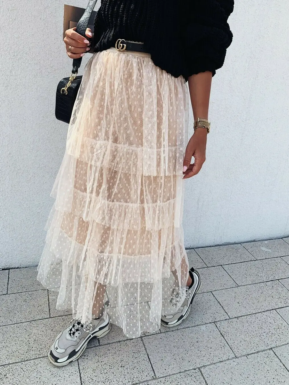 Женская многослойная фатиновая юбка в горошек плиссированная с высокой