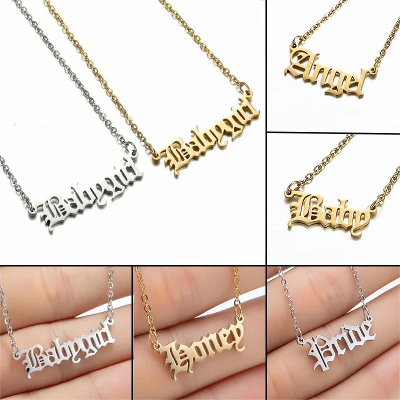 

European and American stainless steel Baygirl retro English letter necklace Angle necklace female pendant wholesale