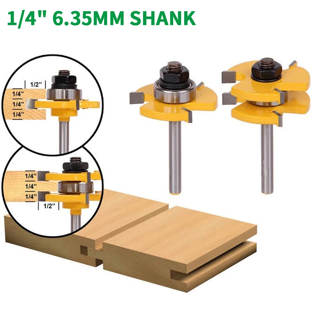 

2PC/Set 1/4" 6.35MM Shank Milling Cutter Wood Carving 1/4" x 1/4" Tongue Groove Router Bit Set Woodworking Tenon Cutter for Wood