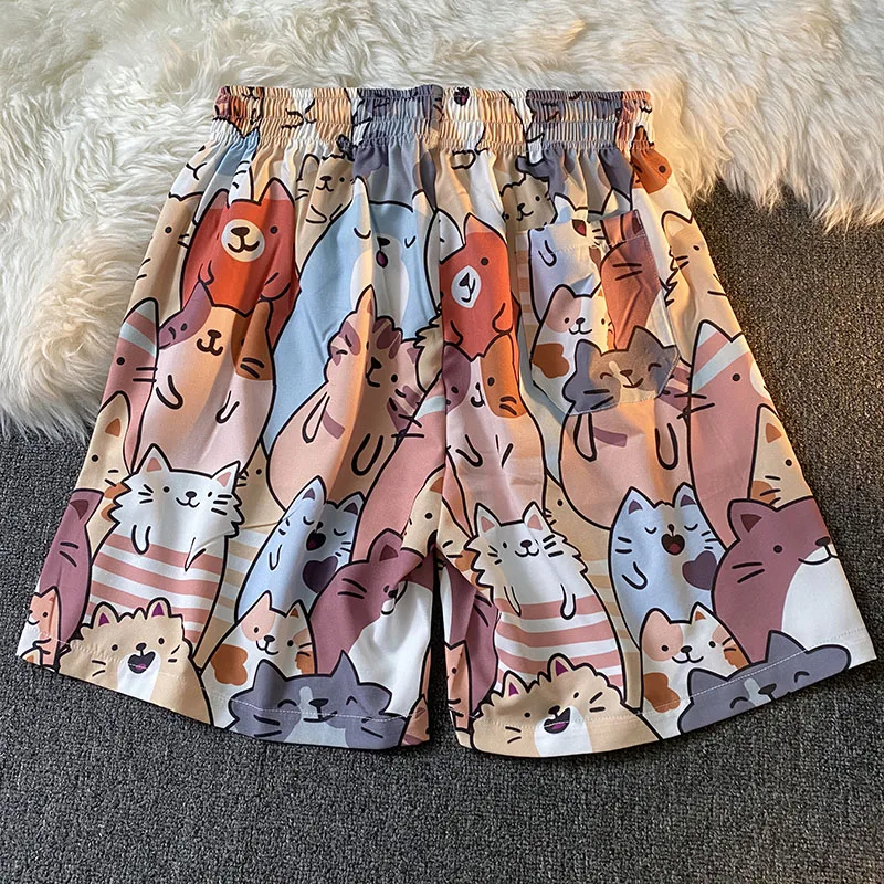 

Летние японские Свободные шорты с высокой талией и принтом мультяшного кота граффити