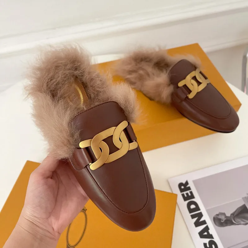 

Flat Metal Buckle Fur Slippers Round Toe Genuine Leather pumps New Outdoor Caual Shoes For Women Luxury Brand Desigenr Shoes
