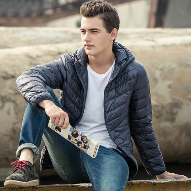 Plus Size S-5XL Mens Hooded Jacket Coat 90% Duck Down Filler Ultra Light Spring Autumn Male Winter Warm Coat+ Portable Bag