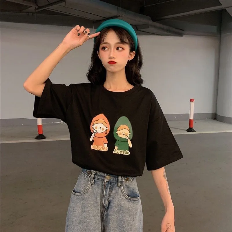 

cartoon print short-sleeved clothes women Korean style t-shirt bottom tees 2020 new summer oversized students wild o-neck tshirt