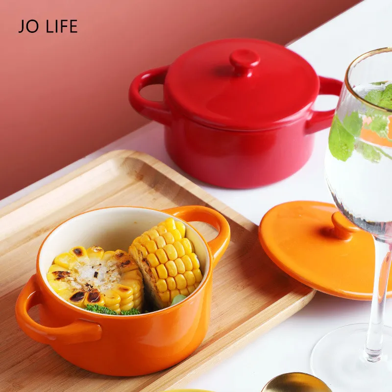 

JO LIFE Double Ears Steamed Egg Bowl Colorful Tableware Salad Dish Baby Feeding Ceramic Bowl With Cover