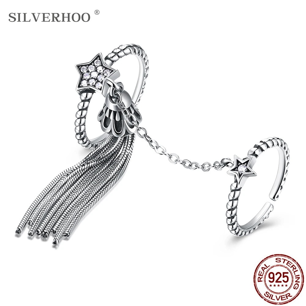 

SILVERHOO 925 Sterling Silver Tassel Star Adjustable Knuckle Rings For Women Clear Cubic Zirconia Vintage Ring Party Jewelry