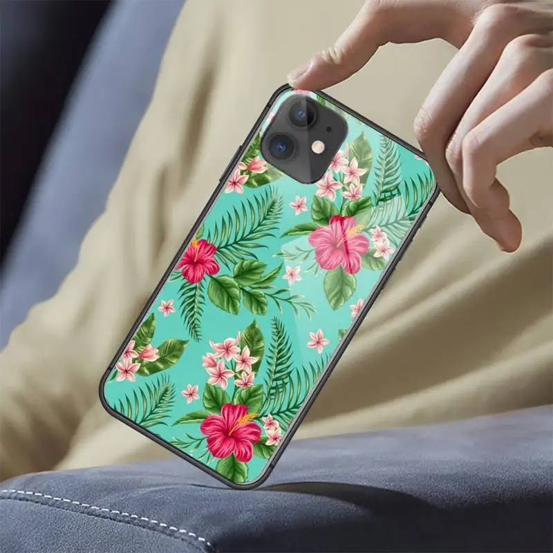 

Vintage Banana Leaf Flower pattern Phone Case Tempered glass For iphone 6 6S 7 8 plus X XS XR 11 12 mini PRO MAX