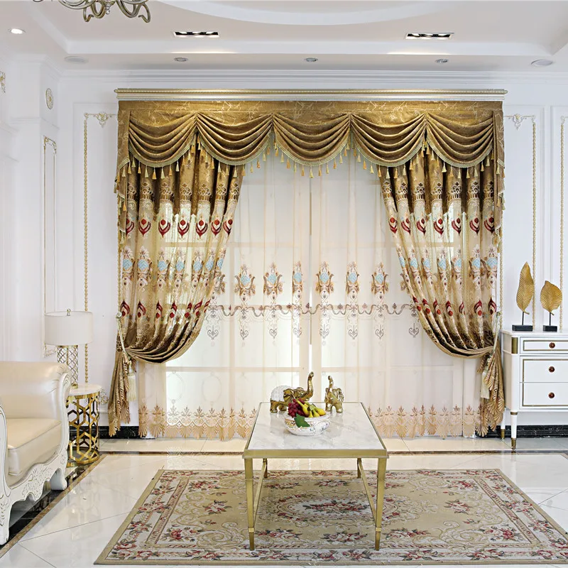 

Custom Modern Chinese Hollow Embroidered Curtains Chenille for Living Room Bedroom Villa Shading European Curtain Tulle Valance