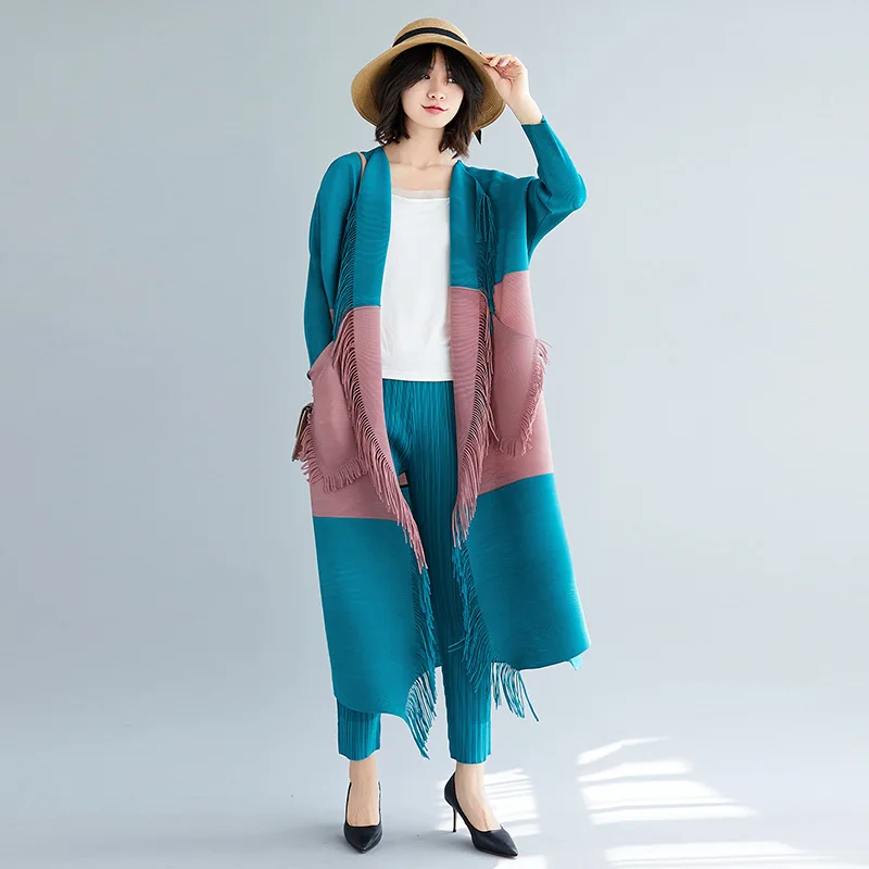Changpleat women's fringed windbreaker jacket Miyak fold Fashion large size color matching windbreaker cardigan jacket coat Tide
