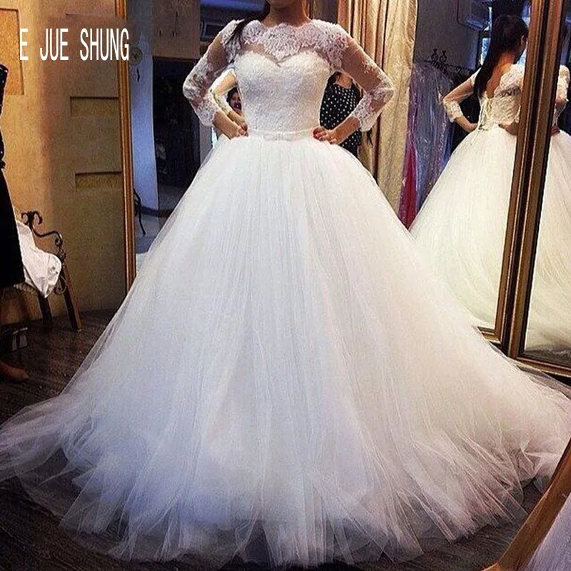 

E JUE SHUNG Elegant Bride Dresses Illusion 3/4 Long Sleeves Lace Ball Gown Princess Wedding Dresses Jewel Neck Robe De Mariee