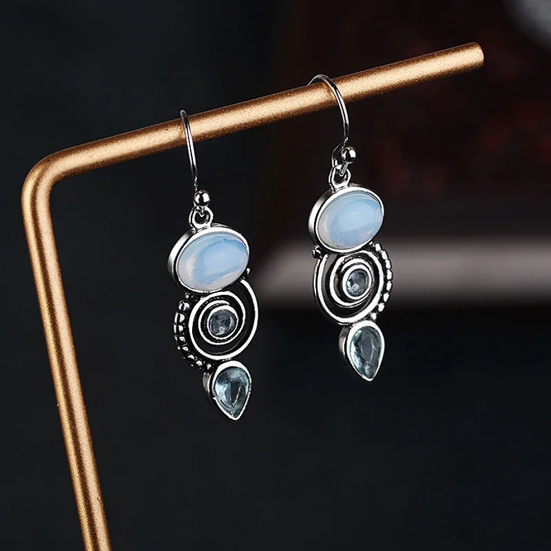 BLACK ANGEL Vintage 925 Sterling Silver Earrings Sky Blue Topaz Drop Dangle For Women Fine Jewelry Party Gift | Украшения и